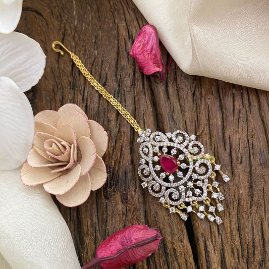 Vriksham Unique AD Stone Maang Tikka-Tear Drop-Pink-G16812