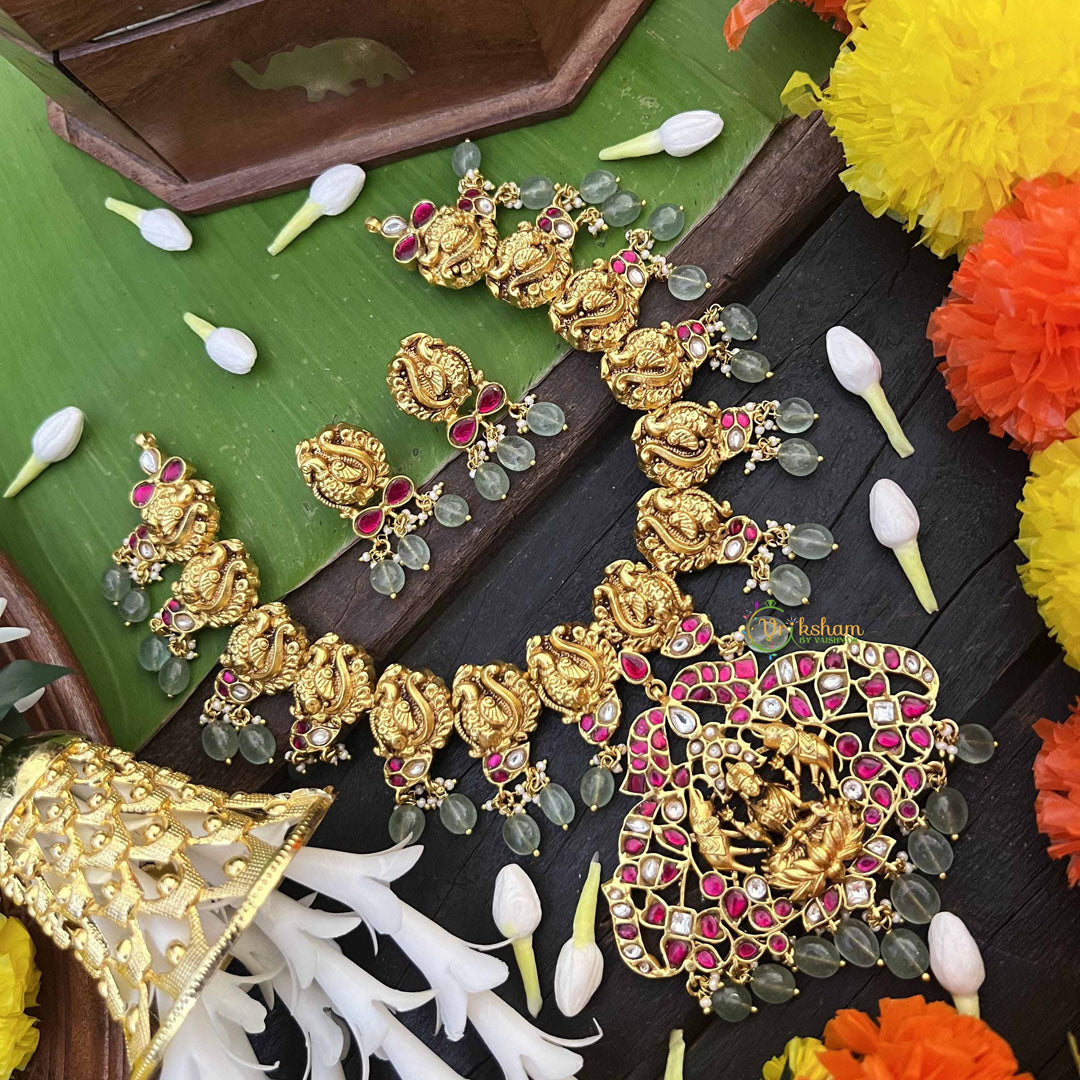 Vriksham Traditional Peacock Motif With Lakshmi Pendant Short Neckpiece-Aqua Green Bead-J4008