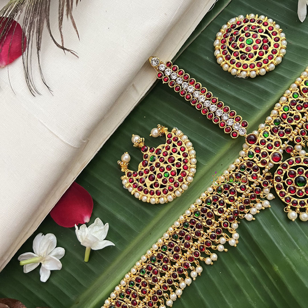 Vriksham Traditional Kemp Tikka With Chandran Suriyan-Red Green & White-Pearl-G19639