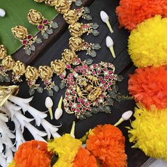 Vriksham Traditional Peacock Motif With Lakshmi Pendant Short Neckpiece-Aqua Green Bead-J4008