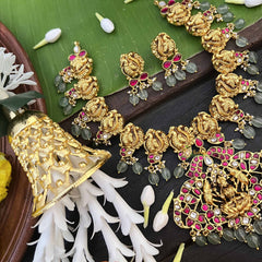 Vriksham Traditional Peacock Motif With Lakshmi Pendant Short Neckpiece-Aqua Green Bead-J4008