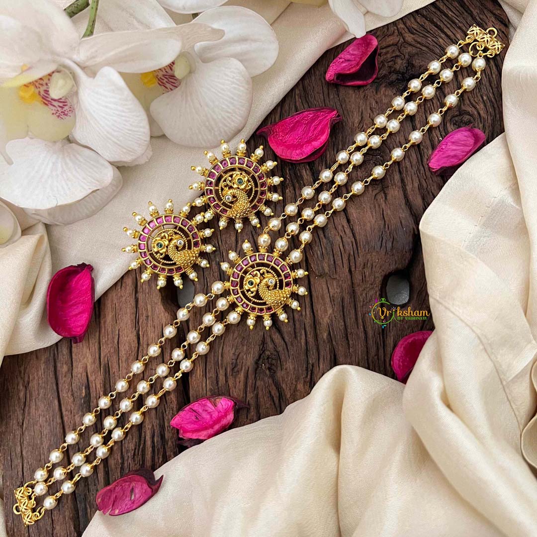 Vriksham Gold look alike Pearl High Neck Choker-Round Peacock -Red-Right Side-G21794