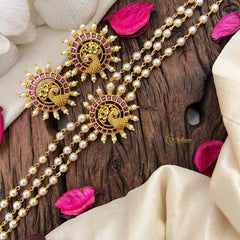 Vriksham Gold look alike Pearl High Neck Choker-Round Peacock -Red-Right Side-G21794