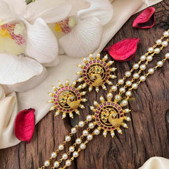 Vriksham Gold look alike Pearl High Neck Choker-Round Peacock -Red-Right Side-G21794