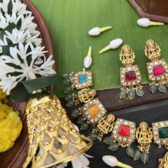 Vriksham Navaratna Temple Lakshmi Pendant Short Neckpiece-Aqua Green Bead-J4009