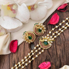 Gold look alike Pearl High Neck Choker-Peacock -Red Green-G4026