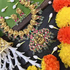 Vriksham Classic Peacock Motif With Lakshmi Pendant Kundan Jadau Short Neckpiece-Green Bead-J4050