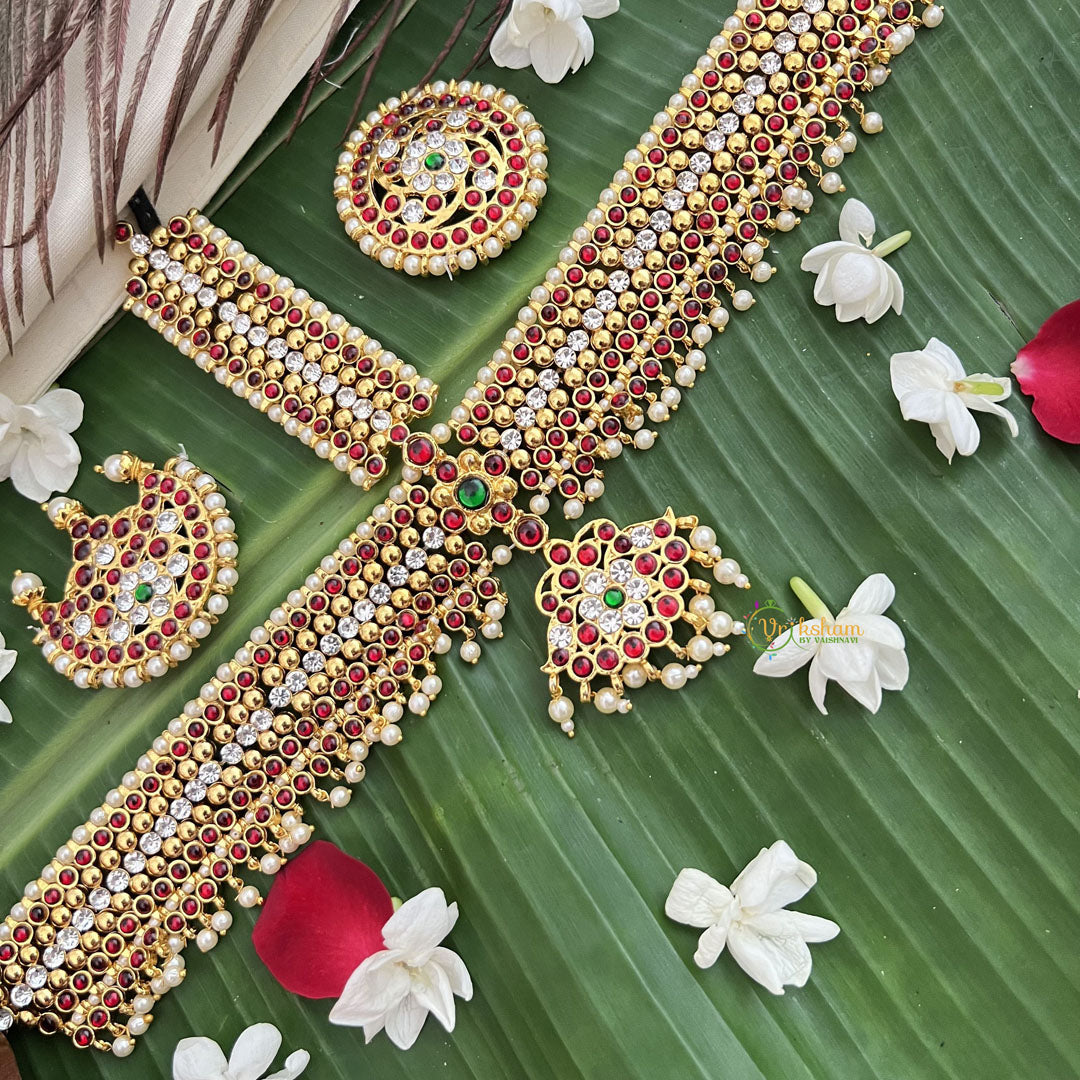 Vriksham Traditional Kemp  Tikka With Chandran Suriyan-Red Green & White-Pearl-G19638