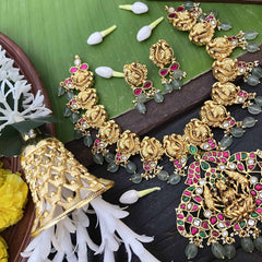 Vriksham Classic Peacock Motif With Lakshmi Pendant Kundan Jadau Short Neckpiece-Green Bead-J4050