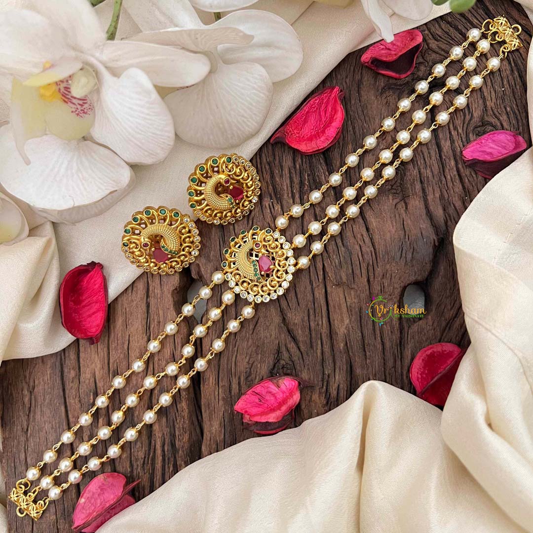 Vriksham Gold look alike Pearl High Neck Choker-Peacock Green Feathre-Right Side-G21788