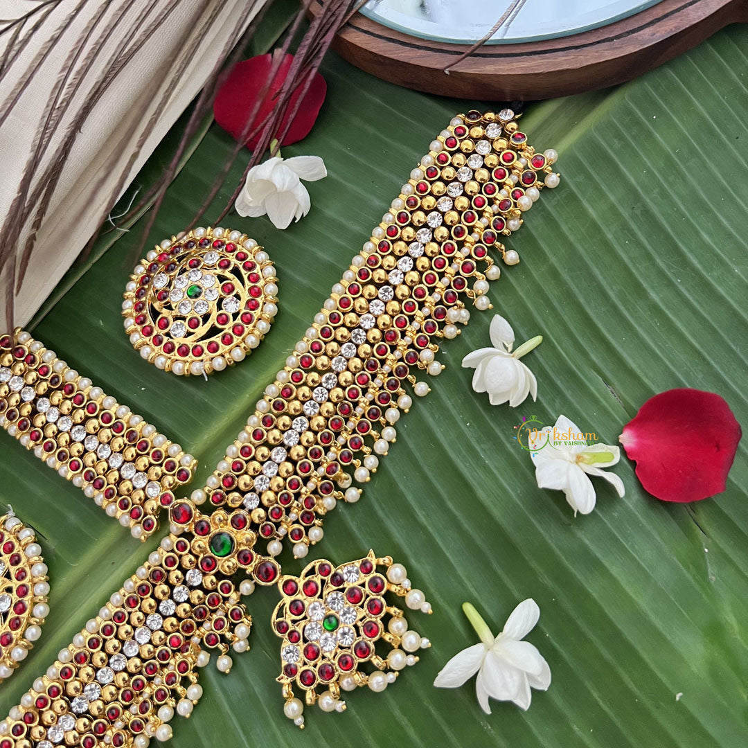 Vriksham Traditional Kemp  Tikka With Chandran Suriyan-Red Green & White-Pearl-G19638