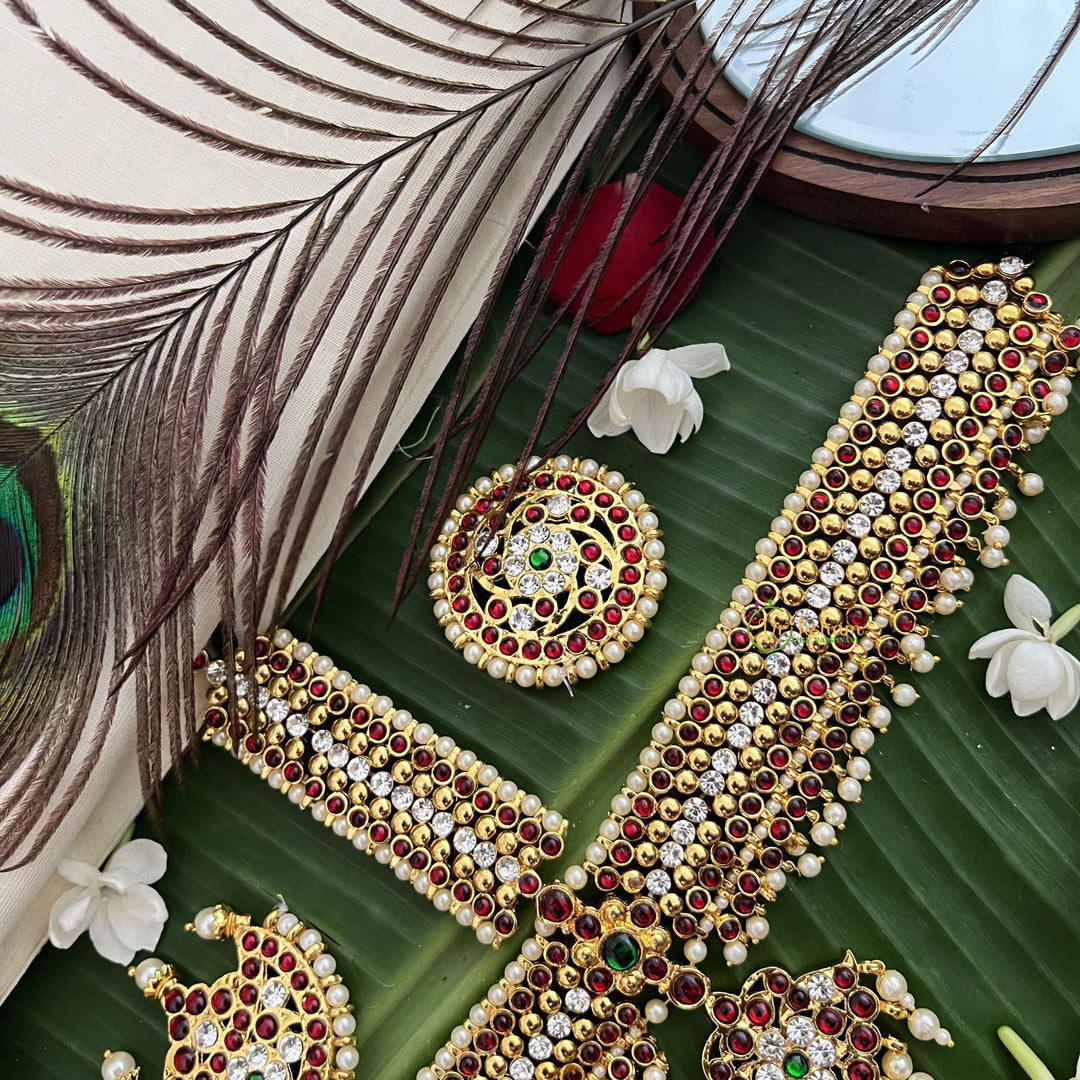 Vriksham Traditional Kemp  Tikka With Chandran Suriyan-Red Green & White-Pearl-G19638