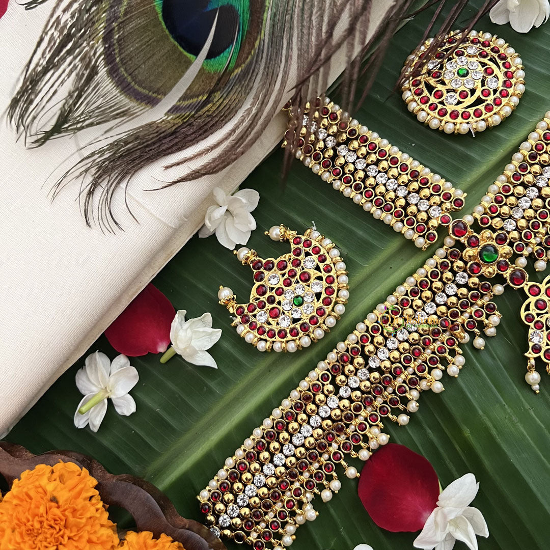 Vriksham Traditional Kemp  Tikka With Chandran Suriyan-Red Green & White-Pearl-G19638