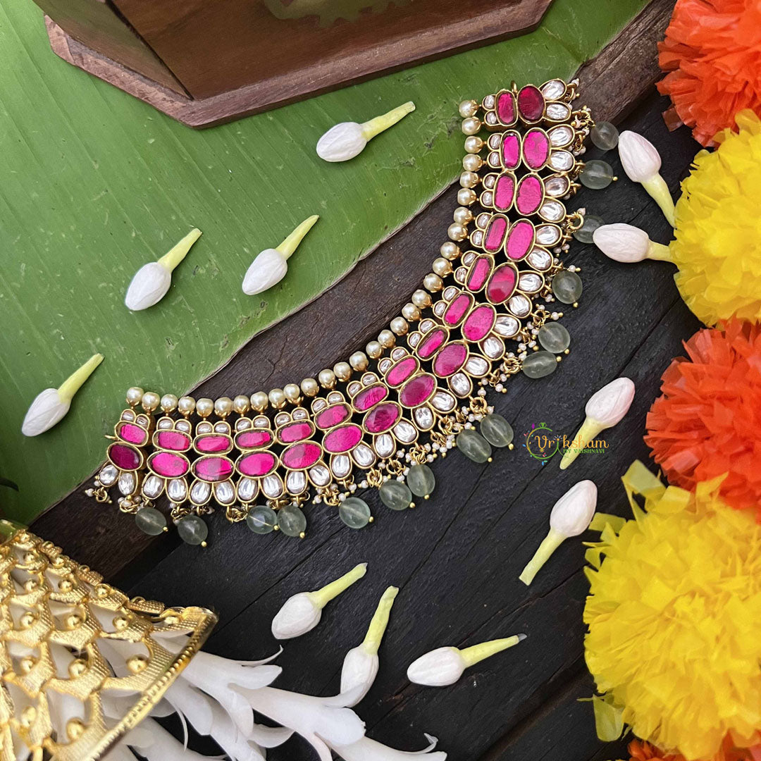 Vriksham Classic Oval Style Choker Neckpiece-Aqua Green Beed & Pearls-J4014