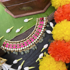 Vriksham Classic Oval Style Choker Neckpiece-Aqua Green Beed & Pearls-J4014