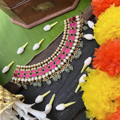 Vriksham Classic Oval Style Choker Neckpiece-Aqua Green Beed & Pearls-J4014