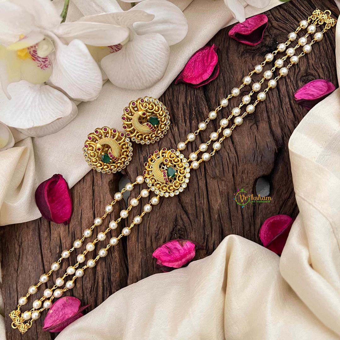 Vriksham Gold look alike Pearl High Neck Choker-Peacock Red Feather-Right Side-G21789