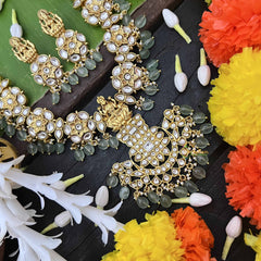 Vriksham Antique Floral Lakshmi Style Short Neckpiece-Aqua Green Beed & Pearls-J4013