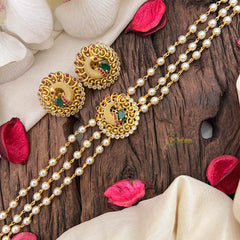 Vriksham Gold look alike Pearl High Neck Choker-Peacock Red Feather-Right Side-G21789