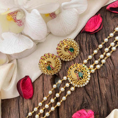 Vriksham Gold look alike Pearl High Neck Choker-Peacock Red Feather-Right Side-G21789