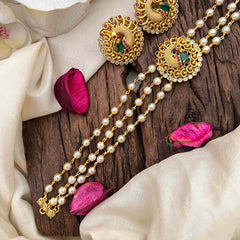 Vriksham Gold look alike Pearl High Neck Choker-Peacock Red Feather-Right Side-G21789