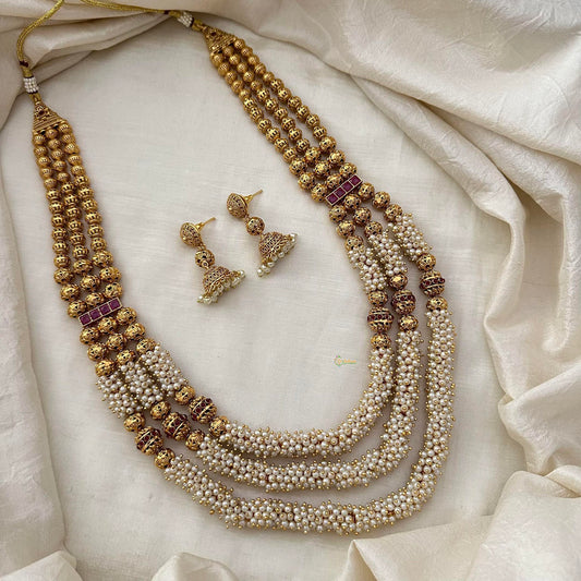 Royal Cluster Pearl 3 Layer Malai with Golden Beaded-Red-G13383