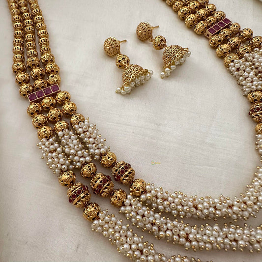 Royal Cluster Pearl 3 Layer Malai with Golden Beaded-Red-G13383