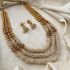 Royal Cluster Pearl 3 Layer Malai with Golden Beaded-Red-G13383