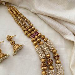 Royal Cluster Pearl 3 Layer Malai with Golden Beaded-Red-G13383