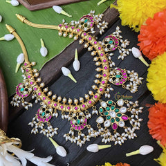 Vriksham Half Moon With Butterfly Pendant Guttapusalu Short Neckpiece-Rice Pearls-J4012