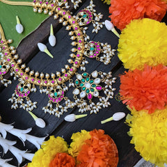 Vriksham Half Moon With Butterfly Pendant Guttapusalu Short Neckpiece-Rice Pearls-J4012