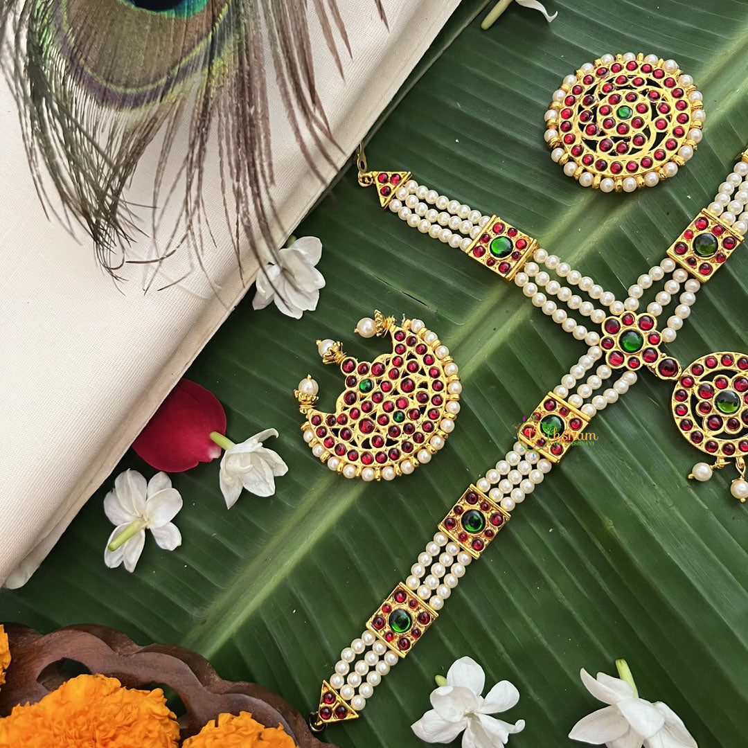 Vriksham Traditional Kemp Square Pearl Tikka With Chandran Suriyan-Red Green-G19649