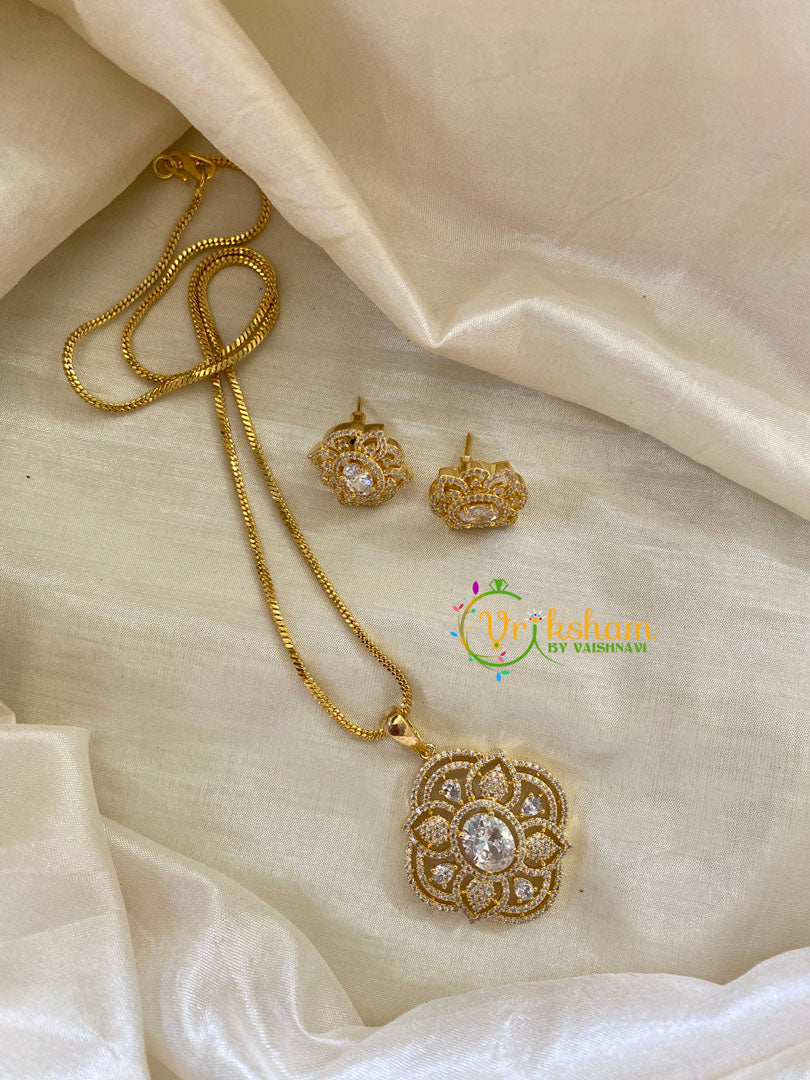 Gold Look Alike White AD Stone Pendant Chain-Floral-G8263