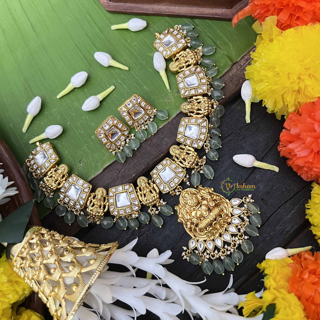 Vriksham Elegant White Temple Lakshmi Pendant Short Neckpiece-Aqua Green Bead-J4010