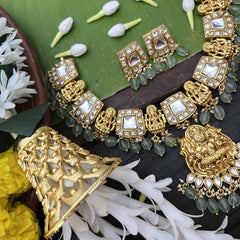 Vriksham Elegant White Temple Lakshmi Pendant Short Neckpiece-Aqua Green Bead-J4010