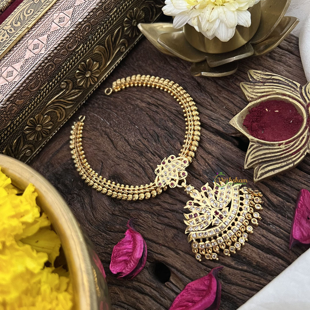 Vriksham Traditional White Red Stone Impon Attigai Neckpiece-G18854