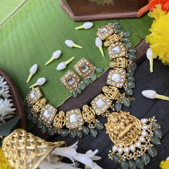 Vriksham Elegant White Temple Lakshmi Pendant Short Neckpiece-Aqua Green Bead-J4010