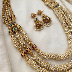 Royal Cluster Pearl 3 Layer Malai with Golden Bead-Red Green-G13378