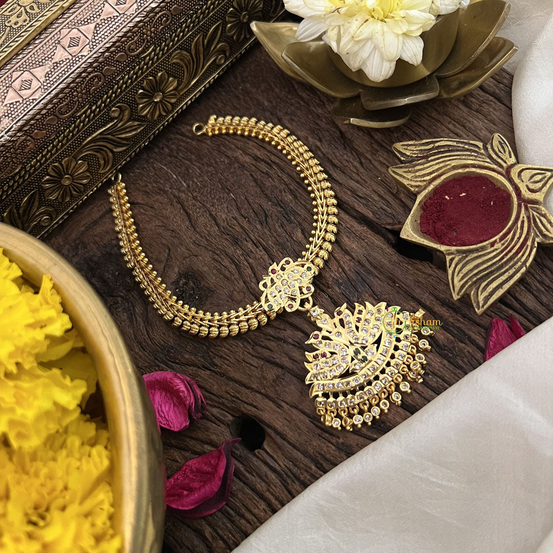 Vriksham Traditional White Red & Green Stone Impon Attigai Neckpiece-G18855