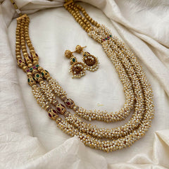 Royal Cluster Pearl 3 Layer Malai with Golden Bead-Red Green-G13378