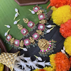 Vriksham Elegant White & Red Temple Lakshmi Pendant Short Neckpiece-Aqua Green Bead-J4011