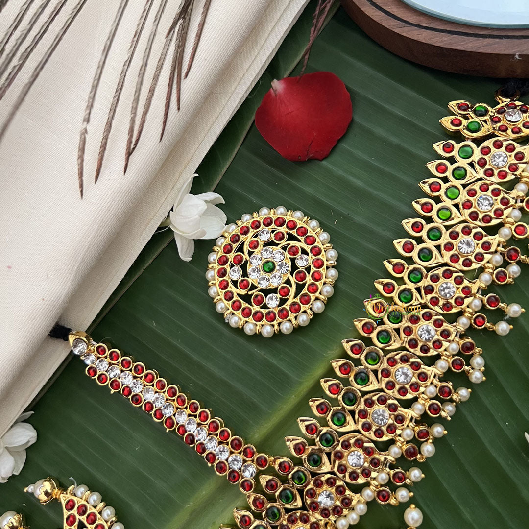 Vriksham Traditional Kemp Manga & Leaf Design Tikka With Chandran Suriyan-Red Green-Prearl-G19648