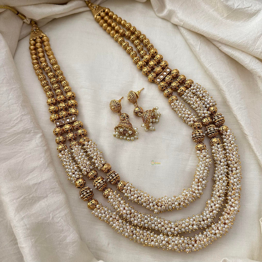 Royal Cluster Pearl 3 Layer Malai with Golden Beaded-G13382