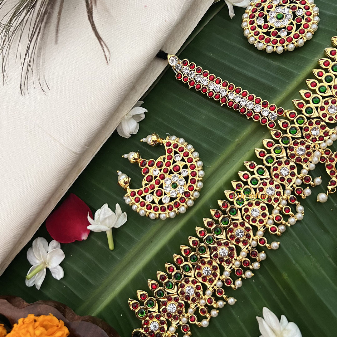 Vriksham Traditional Kemp Manga & Leaf Design Tikka With Chandran Suriyan-Red Green-Prearl-G19648