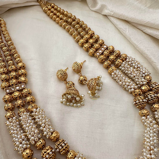 Royal Cluster Pearl 3 Layer Malai with Golden Beaded-G13382