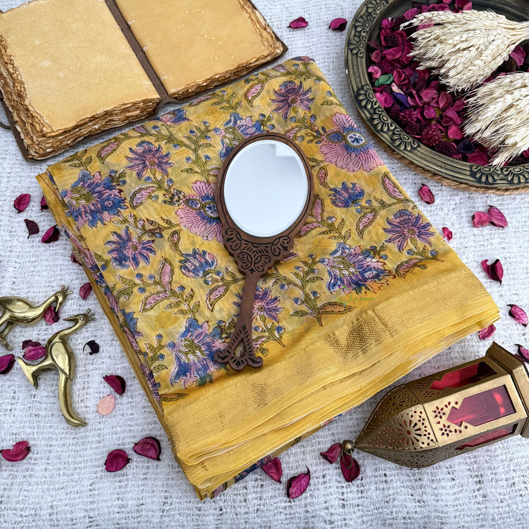 Vriksham Light Yellow Floral Print Maheshwari Cotton Silk Saree-Handloom -VS4471