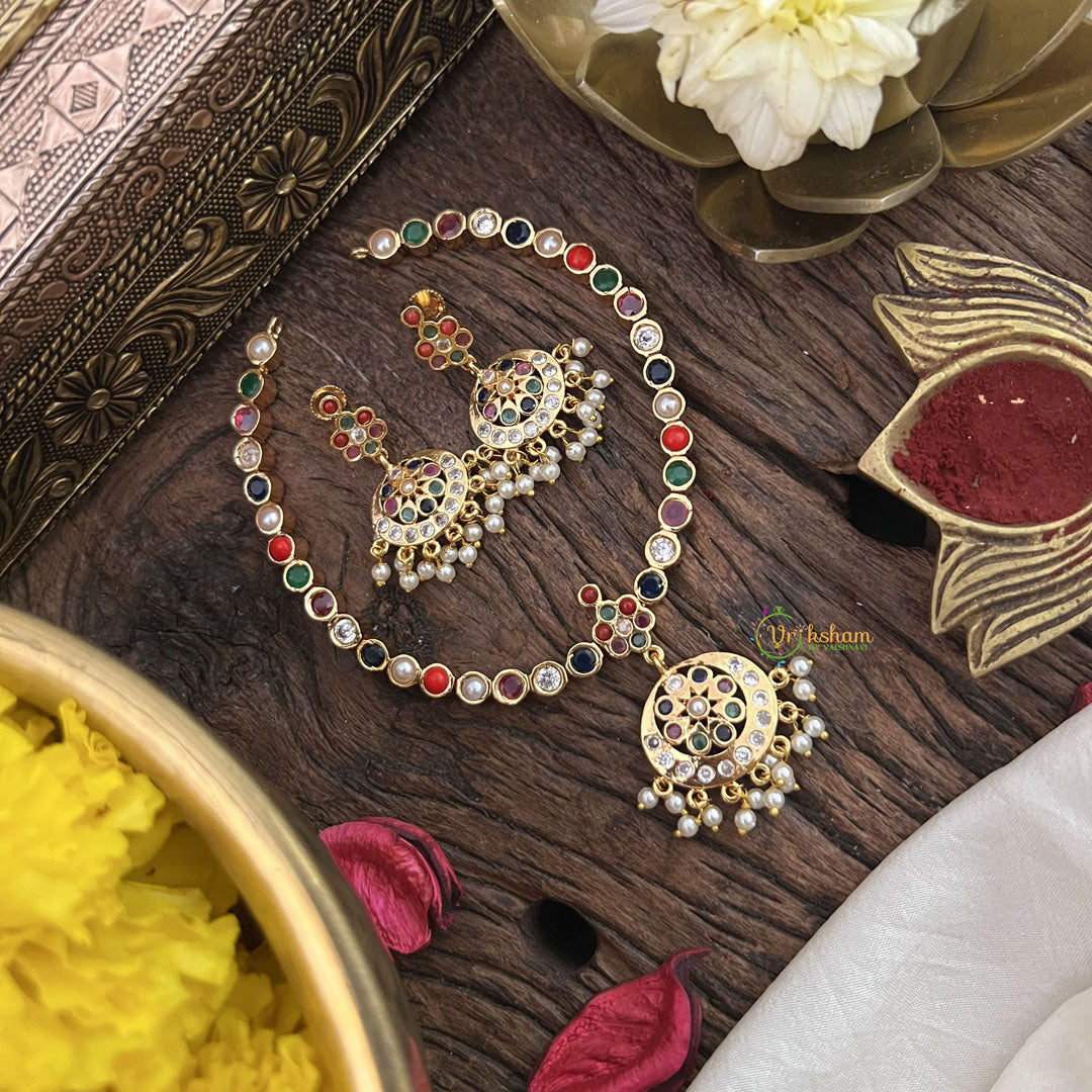 Vriksham Multi Color Stone Impon Panchaloha Neckpiece-Gold Bead-G18868