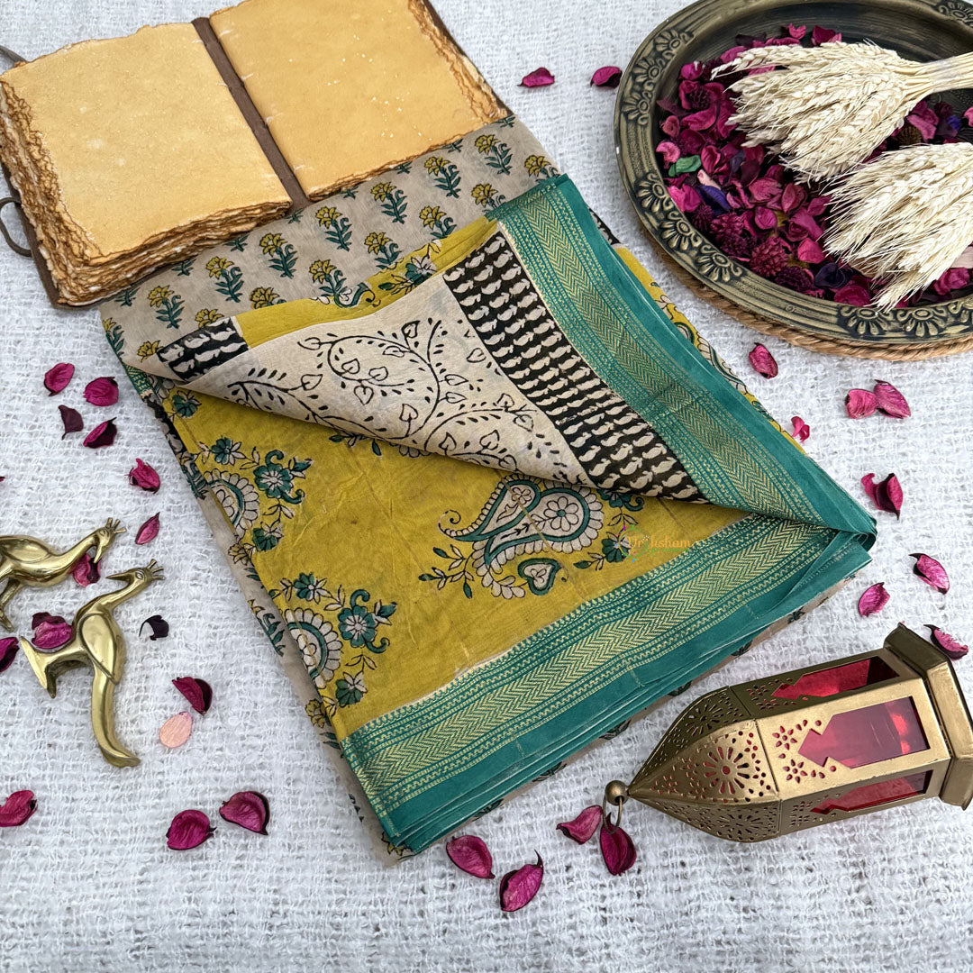 Vriksham Skin Color Floral Print Maheshwari Cotton Silk Saree-Handloom -VS4475