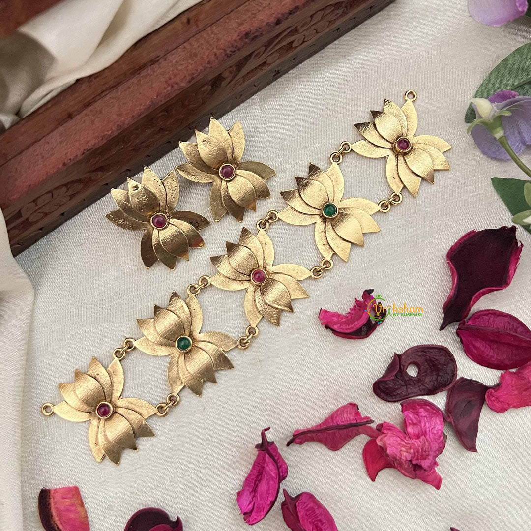 Vriksham Designer Golden Lotus With Red & Green Stone Choker Neckpiece-G20428