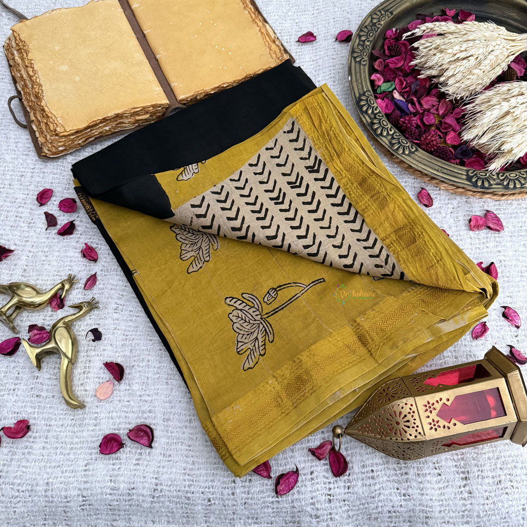 Vriksham Black With Mustered Yellow Maheshwari Cotton Silk Saree-Handloom -VS4472